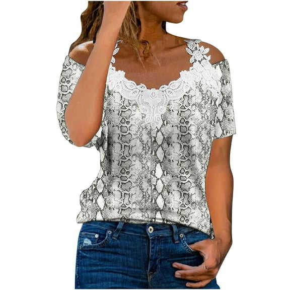 Ichuanyi Womens Shirts , Women's Casual Off The Shoulder Lace Regular Fit Short Sleeve Tops V-Neck Shirt Tops