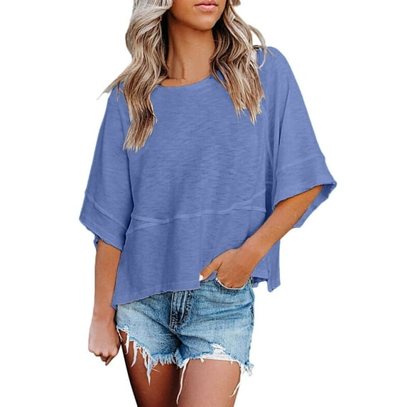 Ichuanyi Womens Shirts , Women's Summer Casual Crewneck 3/4 Sleeve T-Shirts Solid Color Loose Fit Cute Basic Tops Tees Blouses