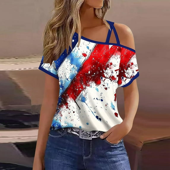 Ichuanyi Womens Shirts , Off Shoulder Women Fashion Loose Blouse Star Stripe Independence Day Printed T-Shirt