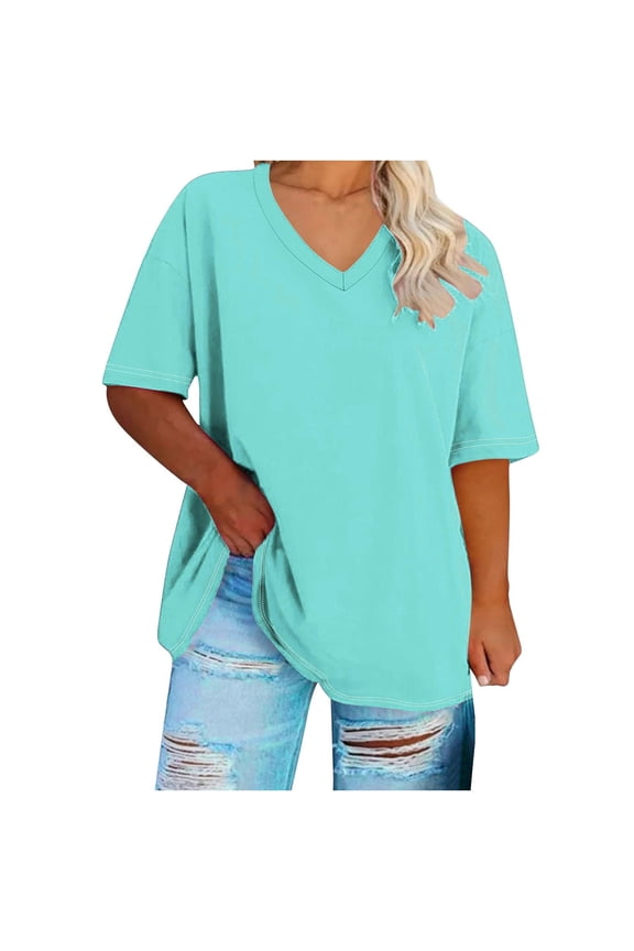 Ichuanyi Womens Shirts , Oversized V-neck T Shirts For Women Plus Size Graphic Drop Shoulder Short Sleeve Tops Summer Loose Pullover Tees