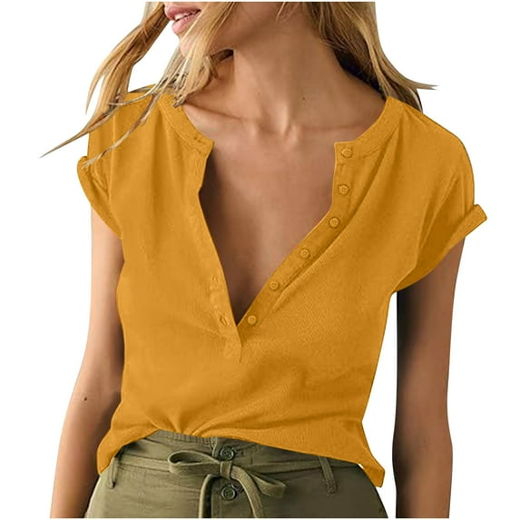 Ichuanyi Womens Shirts , Short Sleeve Ribbed Tops For Women Basic Knit Shirts Button Up V Neck Casual Summer Solid Color Tshirt Blouses