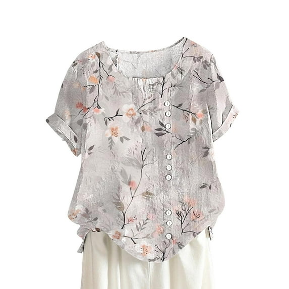 Ichuanyi Womens Shirts , Women Buttons O-Neck Short Sleeve Floral Print Buttons Cotton Linen Vintage Top