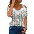 thumbnail image 1 of Ichuanyi Womens Shirts , Women's Casual Off The Shoulder Lace Regular Fit Short Sleeve Tops V-Neck Shirt Tops, 1 of 5