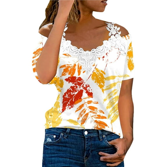 Ichuanyi Womens Shirts , Women's Casual Off The Shoulder Lace Regular Fit Short Sleeve Tops V-Neck Shirt Tops