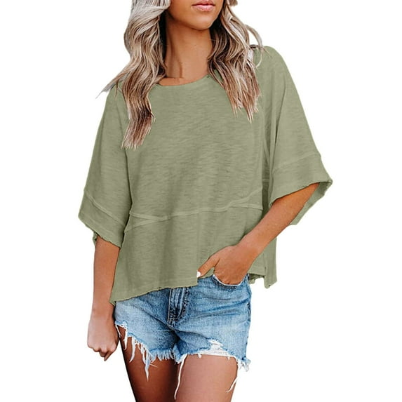 Ichuanyi Womens Shirts , Women's Summer Casual Crewneck 3/4 Sleeve T-Shirts Solid Color Loose Fit Cute Basic Tops Tees Blouses