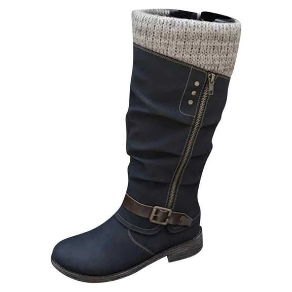 Ichuanyi Womens Shoes Women Fashion Western Style Cowboy Riding Boots Casual Warm Knee Middle Tube Boots Shoes