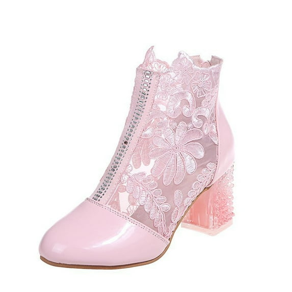 Ichuanyi Womens Shoes Women's Ladies Breathable Boots Fashion Hollow Out Lace Chunky High Heel Shoes
