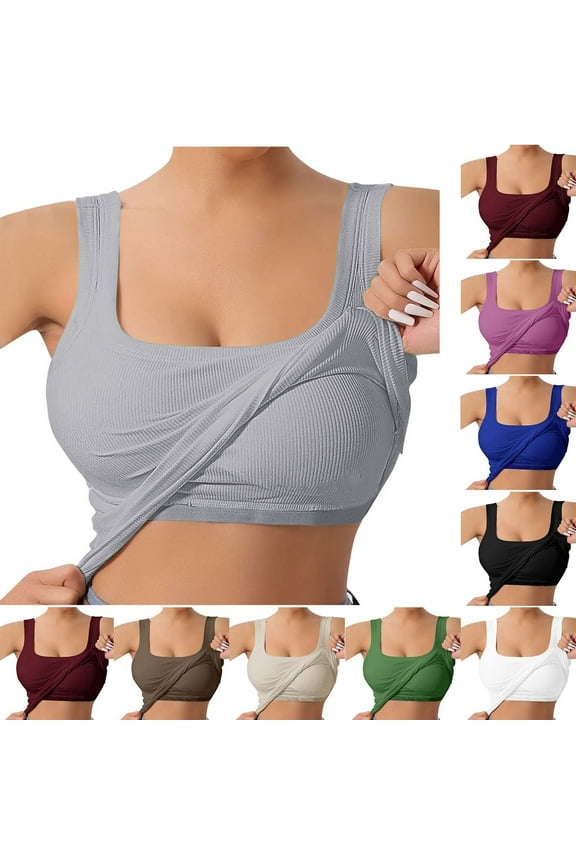 Ichuanyi Womens Solid Color U-Neck Built In Bra Backless Cami Seamless Shelf Bra Top Sleeveless Supportive Tank, Khaki, XL