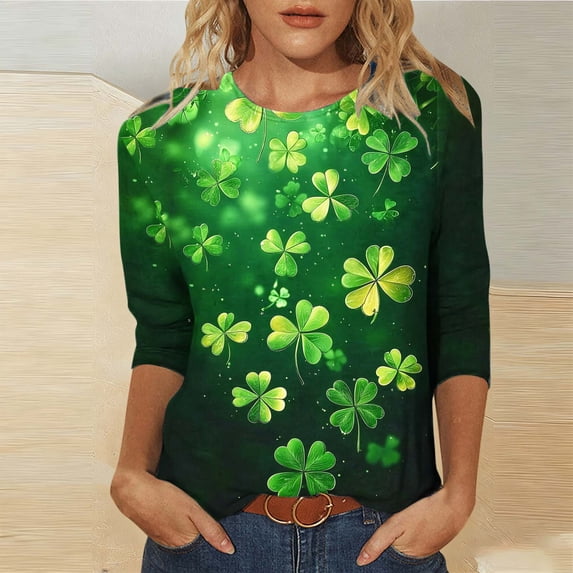 Ichuanyi Womens St. Patrick's Day 3/4 Length Sleeve Tops Crew Neck Basic Tees Shirts Casual Loose Fit Tunic Blouses