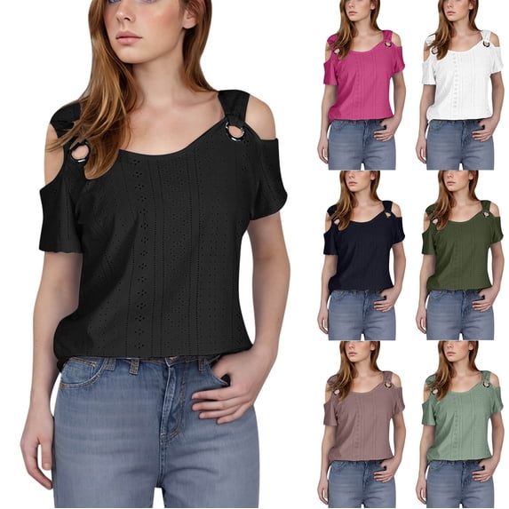 Ichuanyi Womens Summer Cold Off Shoulder Tops 2026 Casual Cute Short Sleeve Loose Fit T Shirts Blouse