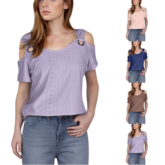 Ichuanyi Womens Summer Cold Off Shoulder Tops 2026 Casual Cute Short Sleeve Loose Fit T Shirts Blouse