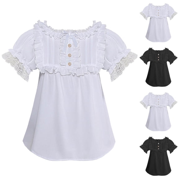 Ichuanyi Womens Summer Lace Tops Short Puff Sleeve Casual Blouses Eyelet Crew Neck Button Down Shirts
