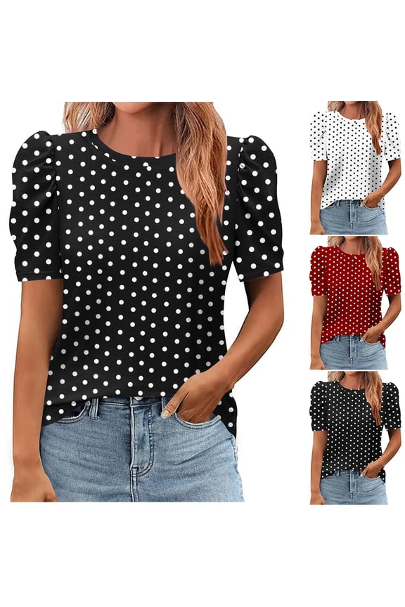 Ichuanyi Womens Summer Polka Dots Printed Tops Short Sleeve Crew Neck Shirts Puff Sleeve Casual Tshirts
