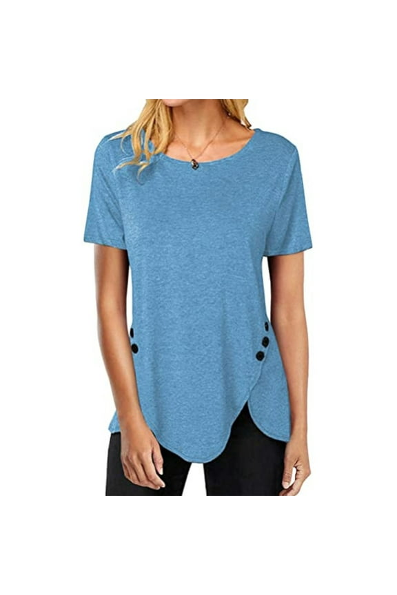 Ichuanyi Womens Summer Solid Tops Tees Short Sleeve Casual Round Neck T Shirts Blouse Plus Size Women Side Buttons Tunic Tops