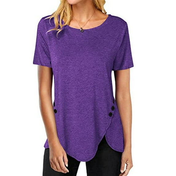 Ichuanyi Womens Summer Solid Tops Tees Short Sleeve Casual Round Neck T Shirts Blouse Plus Size Women Side Buttons Tunic Tops
