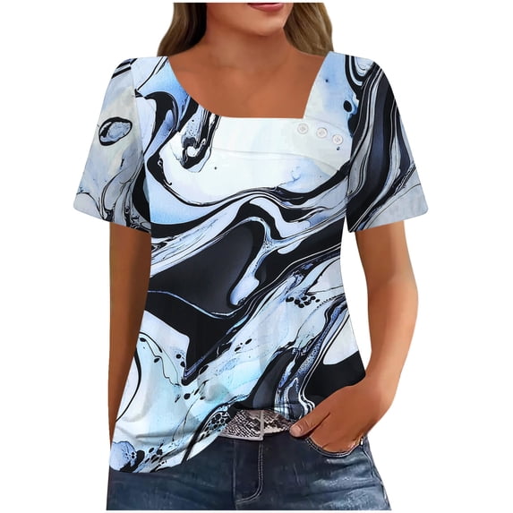Ichuanyi Womens Summer Tops Casual Short Sleeve Non-Position Printed Button-Down Square Neck Blouses Shirts