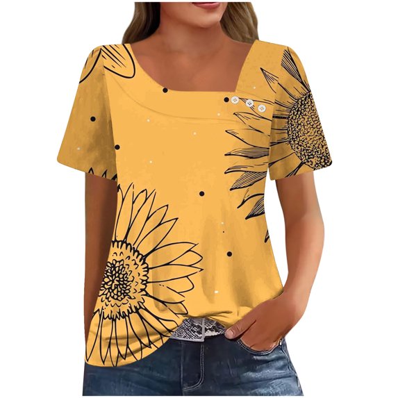 Ichuanyi Womens Summer Tops Casual Short Sleeve Non-Position Printed Button-Down Square Neck Blouses Shirts