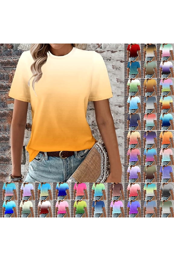 Ichuanyi Womens Summer Tops Trendy Gradient Color Print Short Sleeve Tshirts Shirts Crew Neck T Shirts Fashion