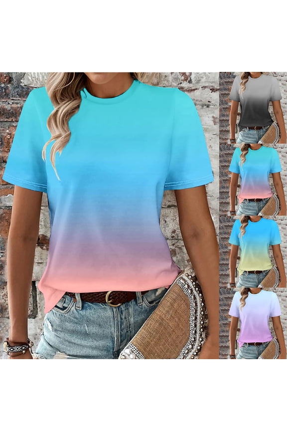 Ichuanyi Womens Summer Tops Trendy Gradient Color Print Short Sleeve Tshirts Shirts Crew Neck T Shirts Fashion