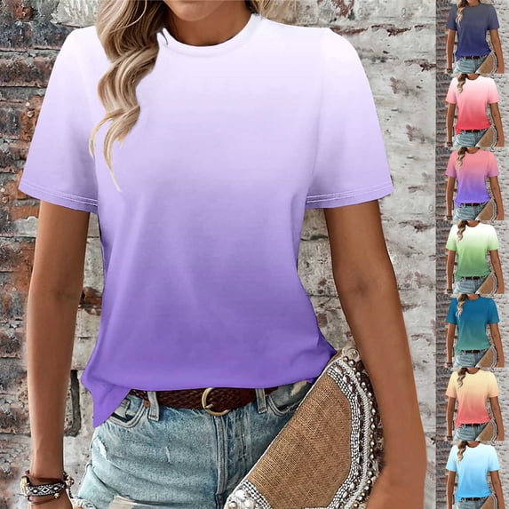 Ichuanyi Womens Summer Tops Trendy Gradient Color Print Short Sleeve Tshirts Shirts Crew Neck T Shirts Fashion
