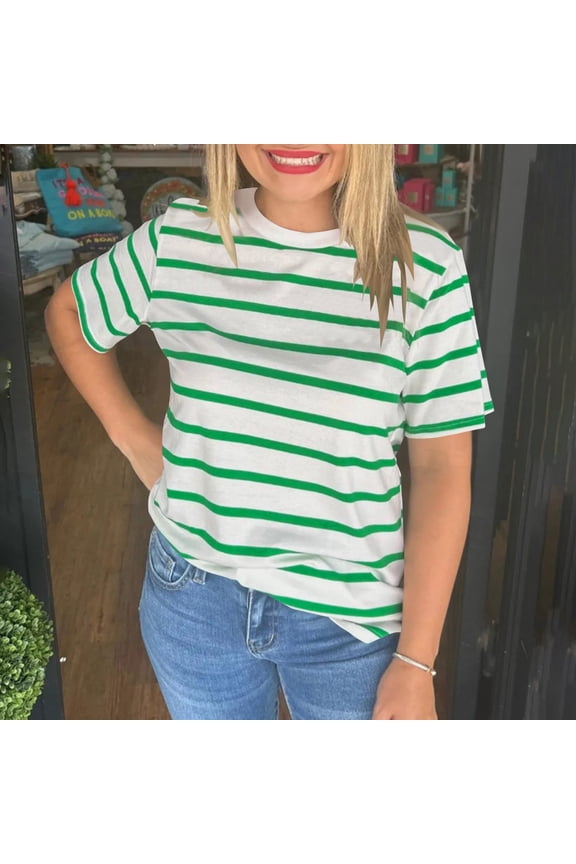 Ichuanyi Womens T Shirt Short Sleeve Crew Neck Basic Color Block Tee Tops Summer Striped Round Neck Short Sleeved T-shirt