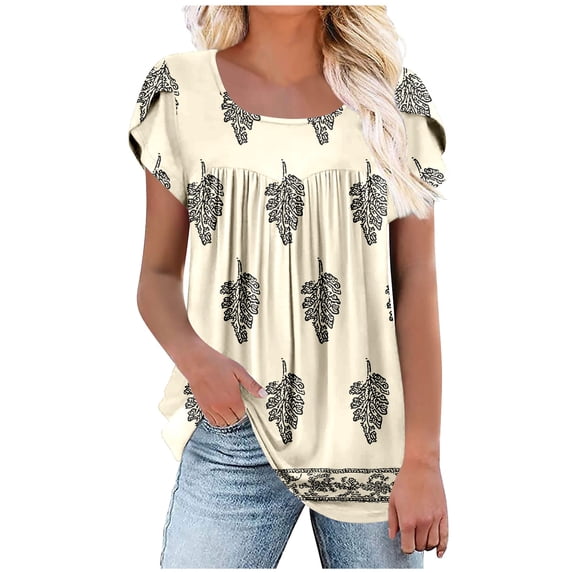 Ichuanyi Womens T Shirts Short Sleeve Tops Casual Printed Pleated Front Blouses Flowy Scooped Neck Summer Outfits Shirt Tops