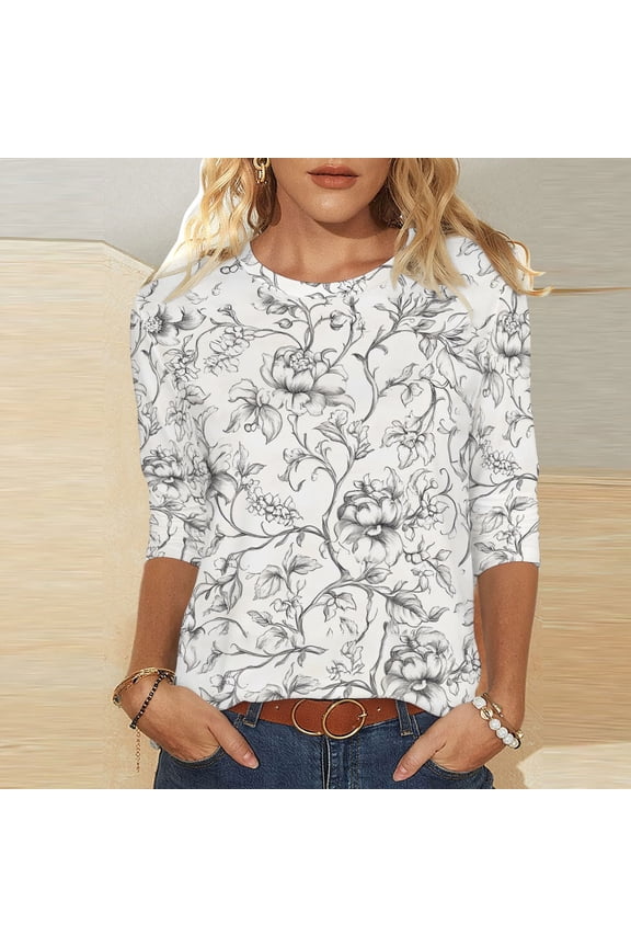 Ichuanyi Womens Tops 3/4 Sleeve Shirts Round Neck Loose Casual Blouses Floral Print Blouse Tshirts Tee