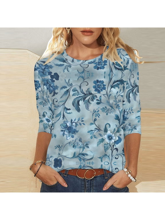 Ichuanyi Womens Tops 3/4 Sleeve Shirts Round Neck Loose Casual Blouses Floral Print Blouse Tshirts Tee