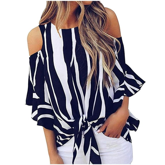 Ichuanyi Womens Tops Summer Women Blouse Striped T-Shirts Off Shoulder Waist Tie Short Sleeve Casual Tops