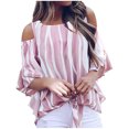 thumbnail image 1 of Ichuanyi Womens Tops Clearance Summer Women Blouse Striped T-Shirts Off Shoulder Waist Tie Short Sleeve Casual Tops, 1 of 8