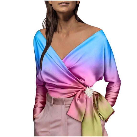 Ichuanyi Womens Tops Clearance Summer Women Elegant Irregular Shirt Printed V-Neck Long Sleeve Bandage Blouse Tunic Bow Tops