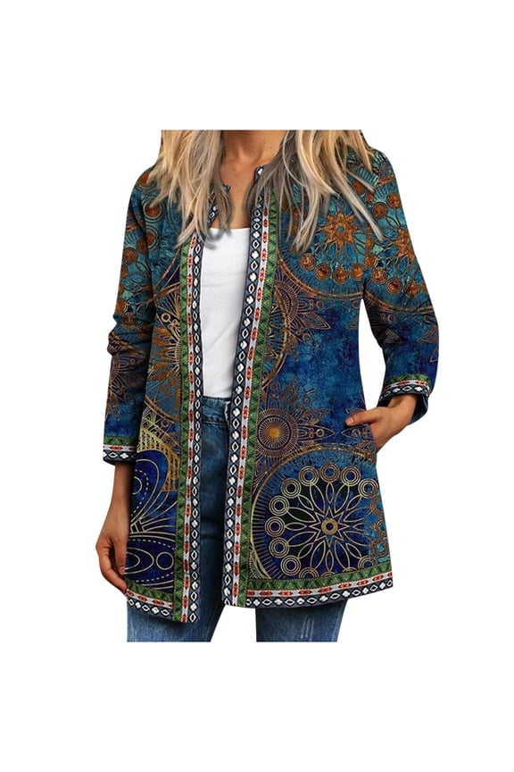 Ichuanyi Womens Tops Summer Women's Ethnic Jacket O-Neck Full Sleeve Cardigan Vintage Print Lightweight Coat