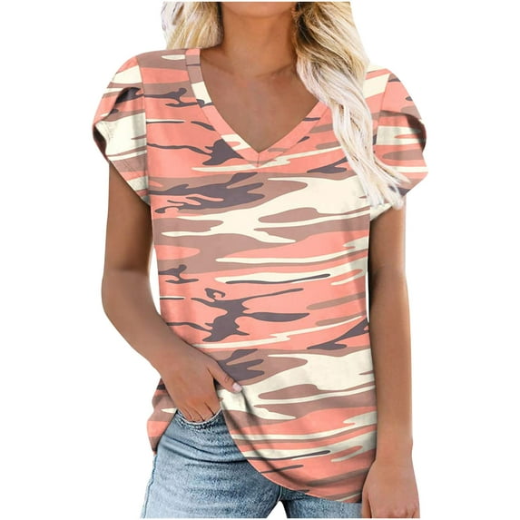 Ichuanyi Womens Tops Clearance Summer Women's Short Sleeve Print V-Neck T-Shirt Loose Casual Summer Tee Tops