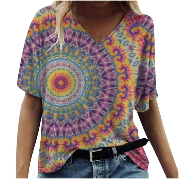 Ichuanyi Womens Tops Clearance Summer Women's V-Neck Printing Loose Casual Fashion Short Sleeve Summer T-shirt Tops