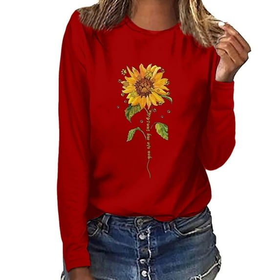 Ichuanyi Womens Tops, Fall Clothes Women Casual Sunflower Printing Long Sleeves O-Neck Loose T-Shirt Blouse Tops