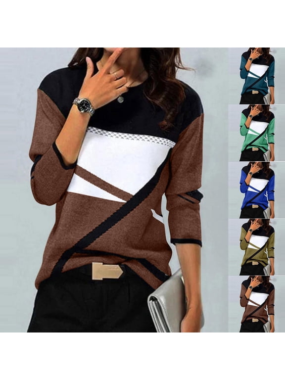 Ichuanyi Womens Tops, Fall Winter Women's Fashion Casual O-Neck Stitching Contrast Color Geometry Printed Long Sleeve T-shirt Blouse