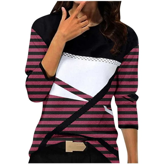 Ichuanyi Womens Tops, Fall and Winter Women's Fashion Casual O-Neck Stitching Contrast Color Long Sleeve T-shirt Blouse