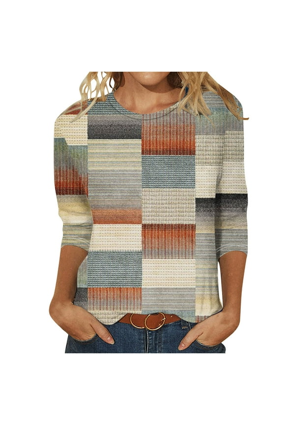 Ichuanyi Womens Tops, Fall and Winter Women's Geometric Pattern Print Long Sleeve Tops Loose Blouse Casual O-Neck Graphic Tee Shirts Tunic