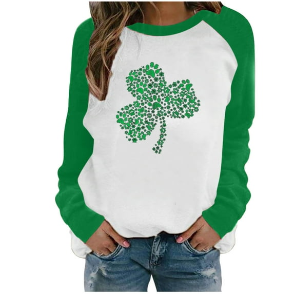 Ichuanyi Womens Tops Fashion Women's Spring Patchwork St. Patrick's Day Printed Long Sleeves Round Neck Casual Tee Tops