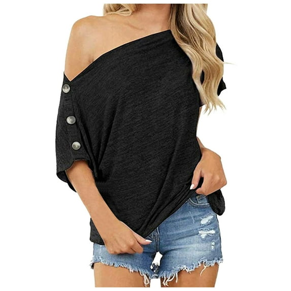 Ichuanyi Womens Tops, Fashion Womens Solid Color Off The Shoulder Button Short Sleeve Tops Blouses
