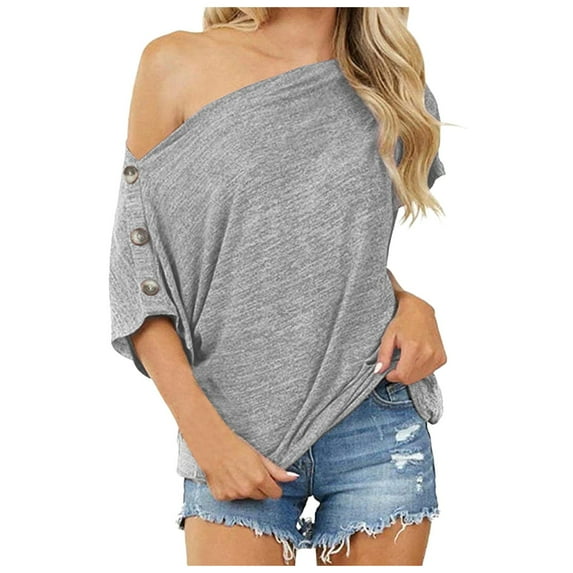 Ichuanyi Womens Tops, Fashion Womens Solid Color Off The Shoulder Button Short Sleeve Tops Blouses