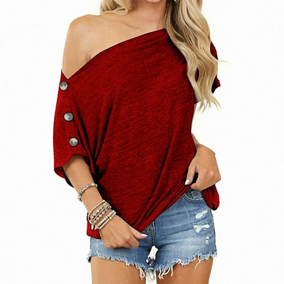 Ichuanyi Womens Tops, Fashion Womens Solid Color Off The Shoulder Button Short Sleeve Tops Blouses