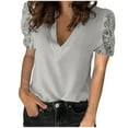 thumbnail image 1 of Ichuanyi Womens Tops, Large Size Women Lace Solid Splicing Short Sleeve Slim Blouse V-Neck Tops Shirt, 1 of 6