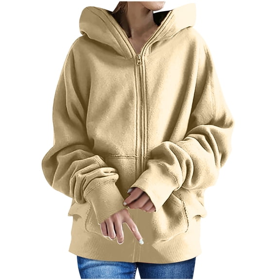 Ichuanyi Womens Tops Long Sleeve Winter Fall Women's Solid Color Hoodie Zipper Long Sleeve Sweatshirts Long Coat Tops With Pockets Christmas/New Year/ 2022