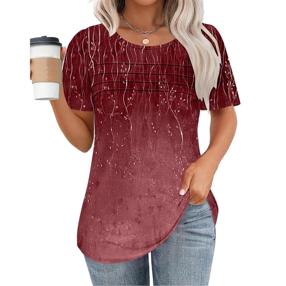 Ichuanyi Womens Tops Loose Short Sleeve T Shirts Chest Pleated Casual Round Neck Pullover