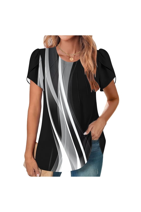 Ichuanyi Womens Tops Summer Casual Short Sleeve Crew Neck Pleated Shirts Printed Curved Hem Blouse Tunics