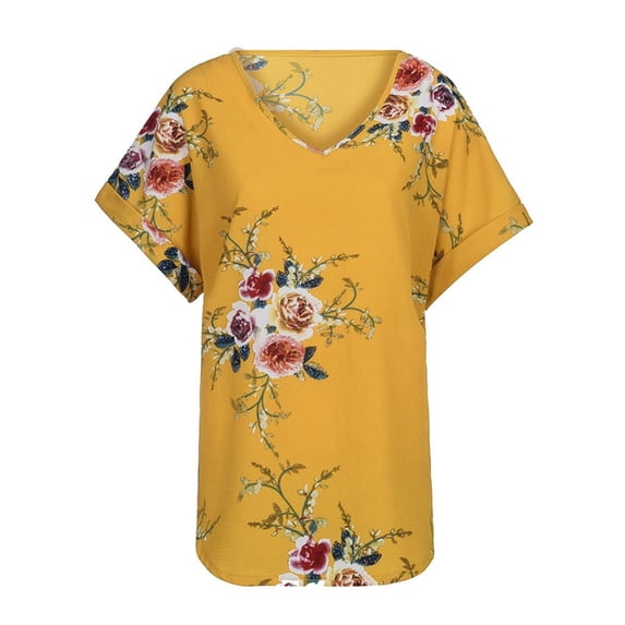 Ichuanyi Womens Tops, Summer Clearance Fashion Women Plus Size V-Neck Short Cuffed Sleeve Floral Print Casual Top