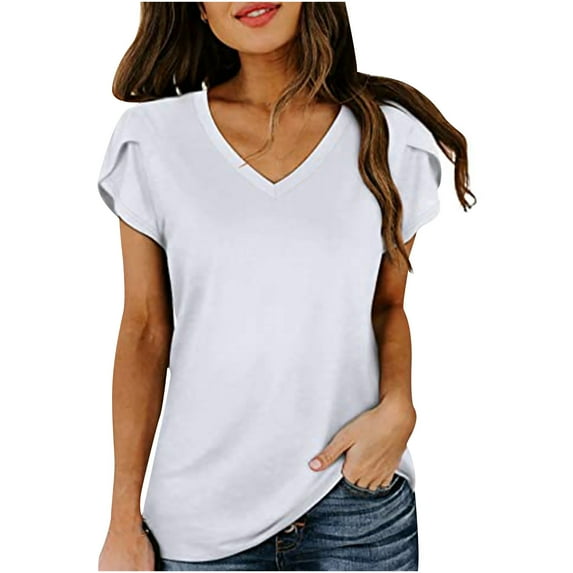 Ichuanyi Womens Tops, Summer Clearance Summer Womens Solid Color Tops V-Neck Petal Sleeve Casual Loose T-shirts