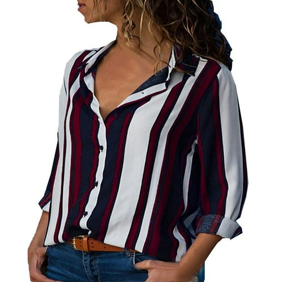 Ichuanyi Womens Tops, Summer Women Casual Cuffed Long Sleeve V-Neck Button Up Striped Shirt Blouse Tops