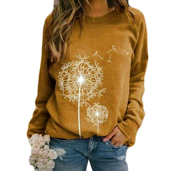 Ichuanyi Womens Tops, Summer Clearance Women Fashion Dandelions O-Neck Print Blouse Tops Long Sleeve Sweatshirt